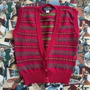 Vintage 90s Women’s Mademoiselle Red Aztec Sweater Vest